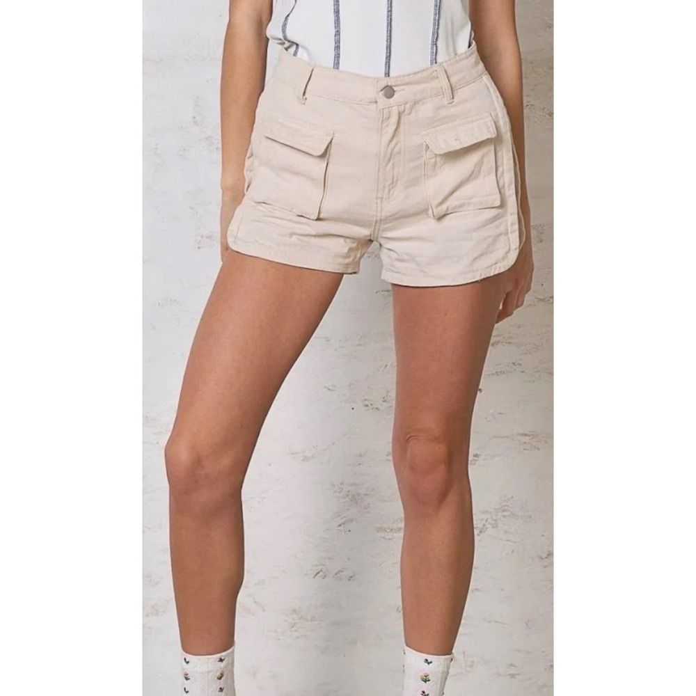 POL Womens‎ High Waisted Cargo Shorts Oatmeal Beige Cotton Utility -Size S